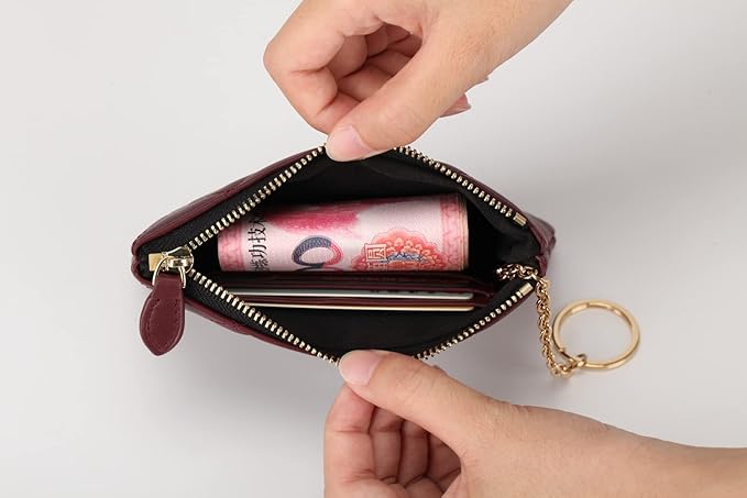 DORIS&JACKY Soft Lambskin Leather Coin Purse Small Quilted RFID Blocking Top Zipper Wallet With Key Chain
