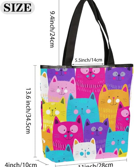 Pardick Cute Cats Colorful Seamless Canvas Tote Bag, Eco Friendly Reusable Grocery Shopping Bags Beach Bag Book Tote Handbags Washable Shoulder Bag With Zipper Inner Pocket for Women Girls