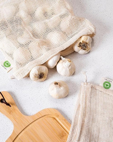 Reusable Garlic Storage Bags - Organic Cotton Garlic Mesh Bags with Drawstring - Washable Garlic Holder Storage - Net Garlic Keeper Sacks - Onion Potato Storage Bags - Root Vegetable Sacks (3 Large)