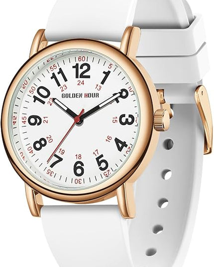 GOLDEN HOUR Waterproof Nurse Watch for Medical Professionals, Students Women Men - Military Time Luminouse Easy Read Dial, 24 Hour with Second Hand, Colorful Silicone Band