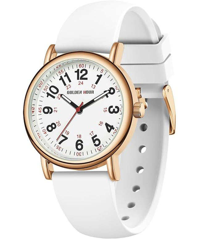 GOLDEN HOUR Waterproof Nurse Watch for Medical Professionals, Students Women Men - Military Time Luminouse Easy Read Dial, 24 Hour with Second Hand, Colorful Silicone Band