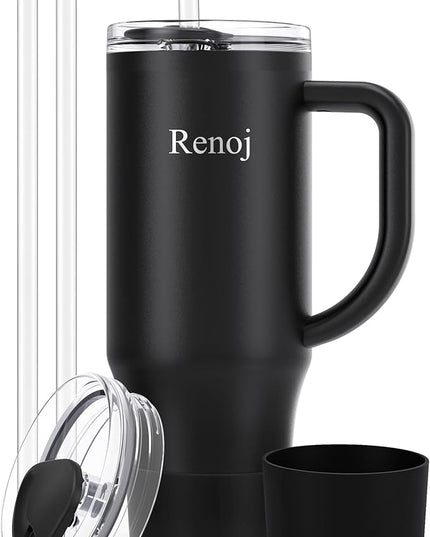 Renoj Tumbler with Handle 100% Spill Resistant Insulated Water Bottle for Iced Coffee & Hot Drinks - Fits Car Cup Holder, Ideal Gift, 2 Straws & Silicone Boot BPA-Free - FlexSlide Black 32 oz