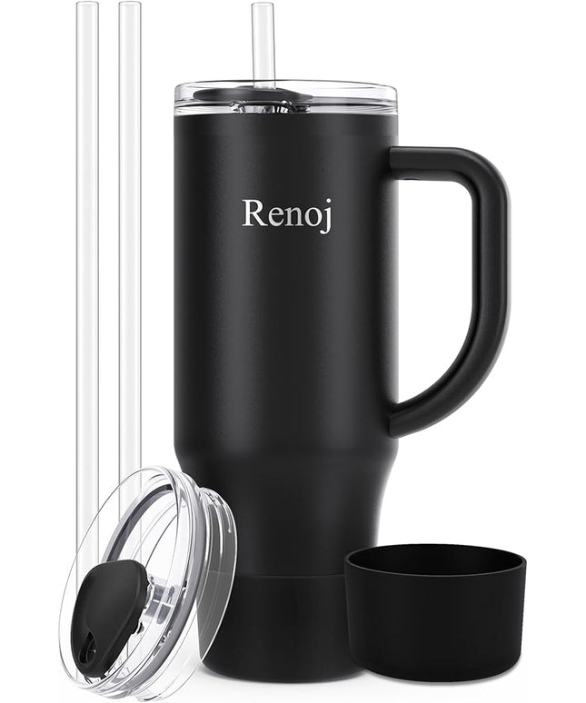 Renoj Tumbler with Handle 100% Spill Resistant Insulated Water Bottle for Iced Coffee & Hot Drinks - Fits Car Cup Holder, Ideal Gift, 2 Straws & Silicone Boot BPA-Free - FlexSlide Black 32 oz