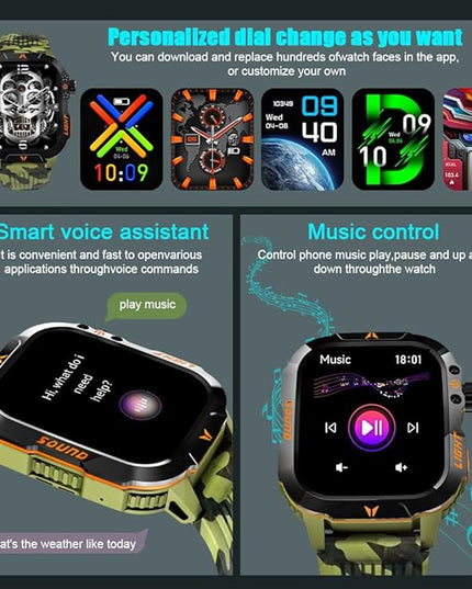 QTLLBT Military Smartwatch, Answer Make Calls LED Flashlight Barometer Compass 2.01HD IP68 Waterproof Outdoor Tactical Watch 100+ Sports Modes Sleep Heart Rate Available for Android iOS (Steel Band)