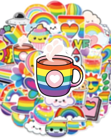 50PCS Rainbow Stickers, Waterproof Vinyl Decals Cute Water Bottle Stickers for Notebooks, Stationery, Luggage, Cartoon PVC Happy Stickers