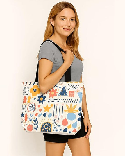 Large Tote Bag for Women, Floral Grocery Tote with Snap Thick Canvas Both Side Pattern, Gift Daily Use Shopping Travel Picnic