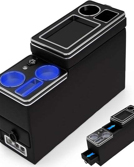 Center Console Between Seat Organizer for Minivans,SUVs,with Dual USB charging at the front and back,ambient lighting and drawers for Minivan&SUVs, Middle Van Floor Console Organizer Storage Box Black