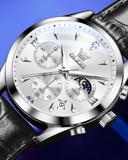 OLEVS Men's Watches Leather Strap Analog Quartz Watch, Fashion Big Dial Date Waterproof Watch, Dress Luxury Luminous Men Watches