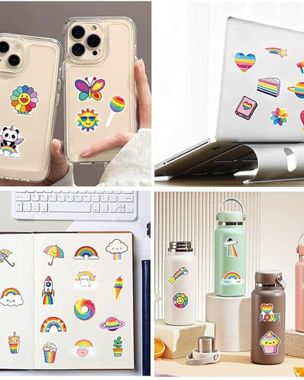 50PCS Rainbow Stickers, Waterproof Vinyl Decals Cute Water Bottle Stickers for Notebooks, Stationery, Luggage, Cartoon PVC Happy Stickers