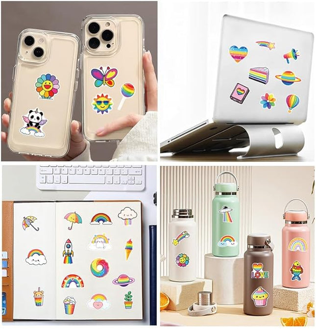 50PCS Rainbow Stickers, Waterproof Vinyl Decals Cute Water Bottle Stickers for Notebooks, Stationery, Luggage, Cartoon PVC Happy Stickers