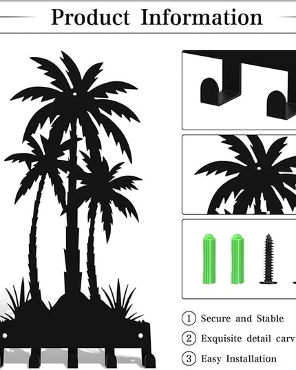 useNumber Black Metal Key Holder for Wall,Coconut Trees Key Hooks Wall Mount Whith 5 Hooks,Tropical Style Key Hanger Wall Decor for Front Door,Hallway,Entryway,Office