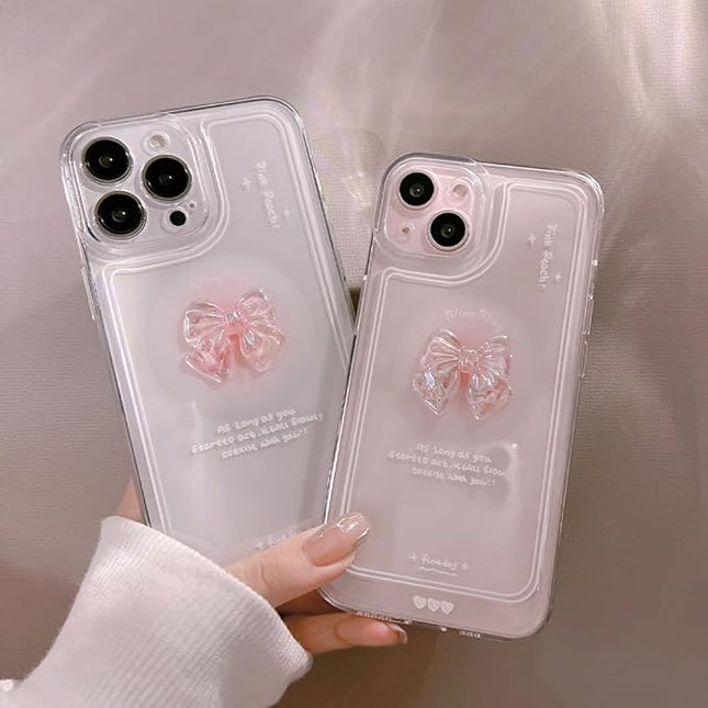 for iPhone 13 Pro Max Case, [2 in 1 with Pearl Beaded Wrist Strap Bracelet Chain] 3D Cute Pink Bow Decor for Women Girl