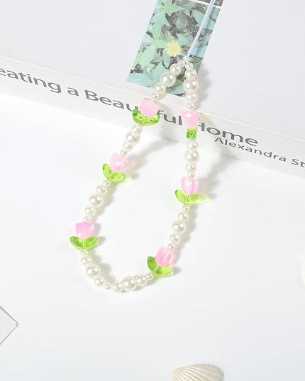 Beaded Phone Charms Cute Aesthetic Tulip Lanyard Strap Girl Wrist Chain, Phone Keychain Decoration for Wallet AirPods-Pink