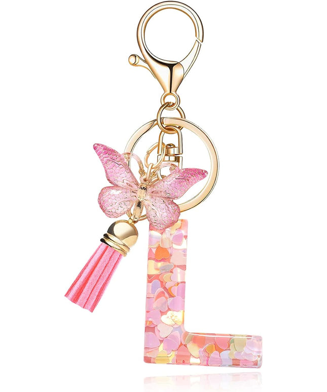 Fashion Alphabet Initial Letter Keychain Tassel Butterfly Pendant Key Ring for Purse Handbags Women Girl