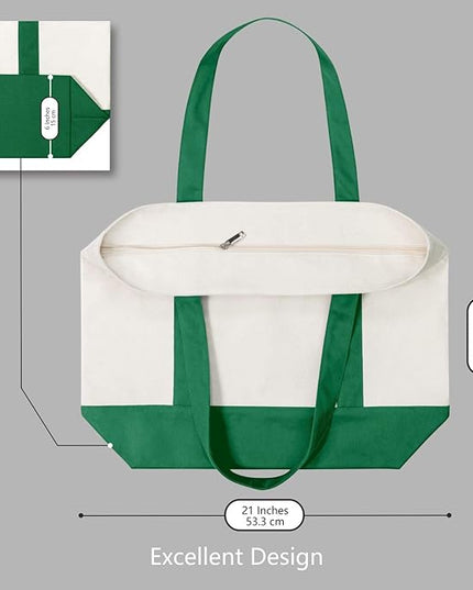 TOPDesign 6-Pack Canvas Tote Bags with an External Pocket, Reusable Grocery Shopping Bags, Top Zipper Closure, Daily Essentials (Green/Natural)