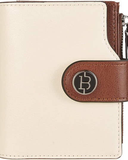 BOSTANTEN Women Leather Wallet Small RFID Blocking Bifold Zipper Pocket Wallet Card Case with ID Window Beige