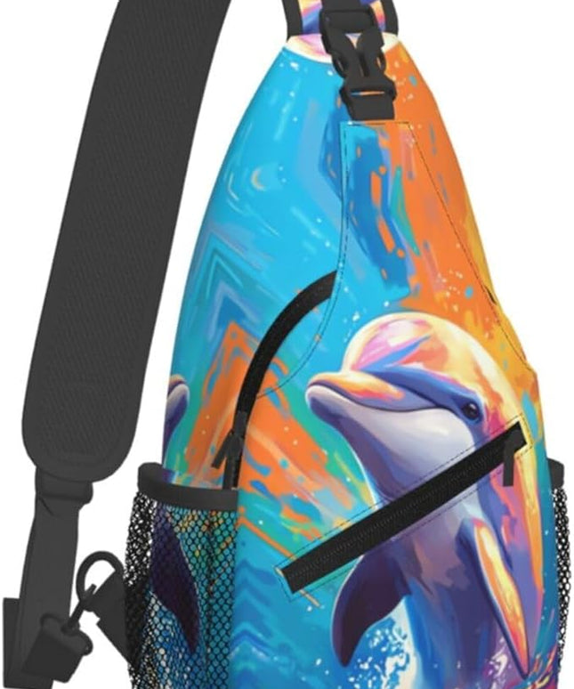 Animal Face Sling Bag Crossbody Bags Chest Bag Backpack for Travel Running and Hiking for Men Women Colorful Dolphin