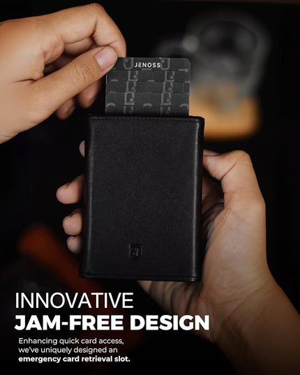 Jenoss Smart Wallet For Men: Full Grain Leather, Handcrafted, Slide Metal Pop Up Case, Slim RFID Blocking Credit Card Holder, Minimalist, Compact - 9-12 Cards Organizers | ID | Money Clip (Black)