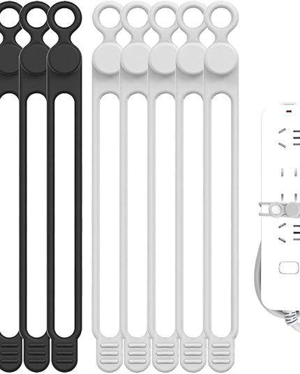 Silicone Cable Straps, 10pcs Extra-Long Reusable Hanging Organizer for Cables, Kitchen, Home, School (Black & White)