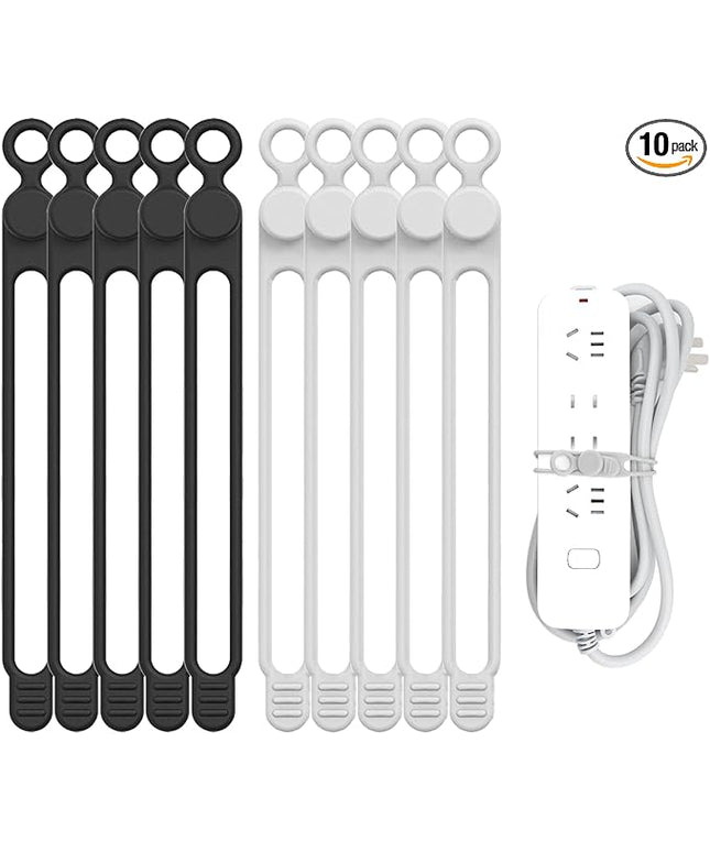 Silicone Cable Straps, 10pcs Extra-Long Reusable Hanging Organizer for Cables, Kitchen, Home, School (Black & White)