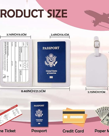 ULICO Initial Passport Cover and Luggage Tag Set,PU Leather Letter Passport Case Holder Travel Suitcase Tag, Personalized Travel Luggage Accessories Gifts for Women Kids Teenage White W
