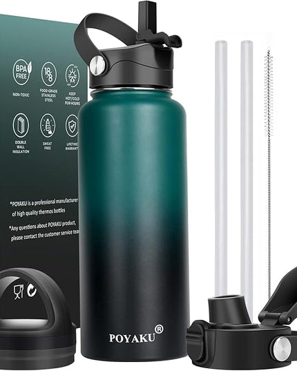Water Bottle Insulated 32oz 40oz 64oz 128oz Straw Lid Spout Lid & 3 Lids, Leak Proof, Vacuum Insulated,Stainless Steel Water Bottle Wide Mouth for Sports, Gym or Office