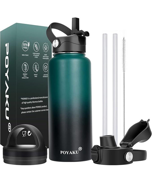 Water Bottle Insulated 32oz 40oz 64oz 128oz Straw Lid Spout Lid & 3 Lids, Leak Proof, Vacuum Insulated,Stainless Steel Water Bottle Wide Mouth for Sports, Gym or Office
