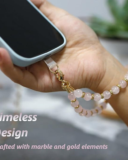Marble Beaded Phone Wrist Strap,Detachable Phone Bracelet Strap with Tether Tab,Hands-Free Wristlet Strap (Rose Quartz)