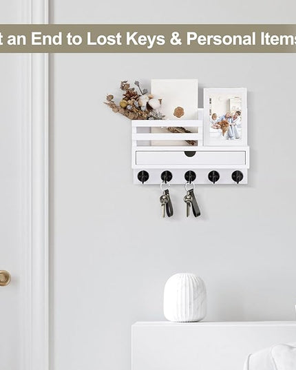 Lucundm Key Holder Wall Mount, Mail Holder with Storage Drawer and 5 Key Hooks for Coat, Dog Leash, Home Decor Rack, House Accessories, Entry Way Organizer