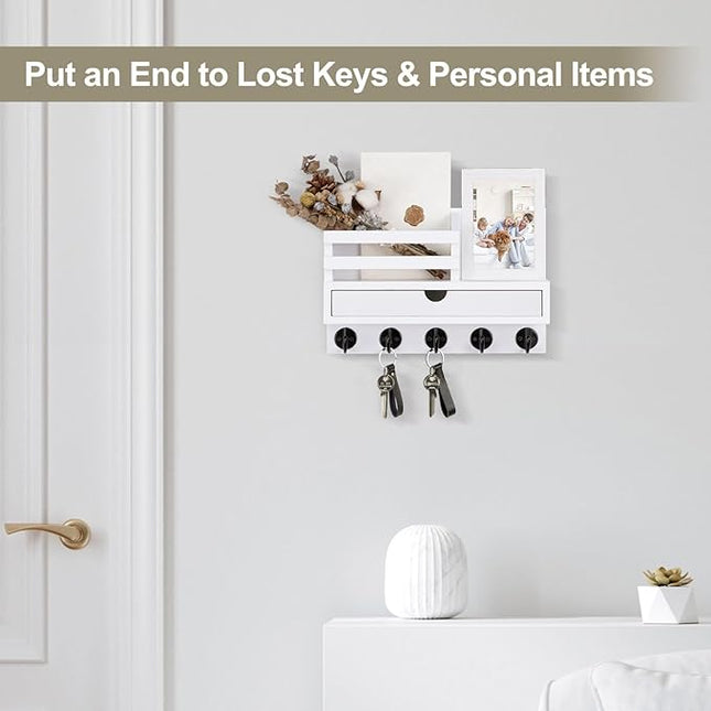 Lucundm Key Holder Wall Mount, Mail Holder with Storage Drawer and 5 Key Hooks for Coat, Dog Leash, Home Decor Rack, House Accessories, Entry Way Organizer