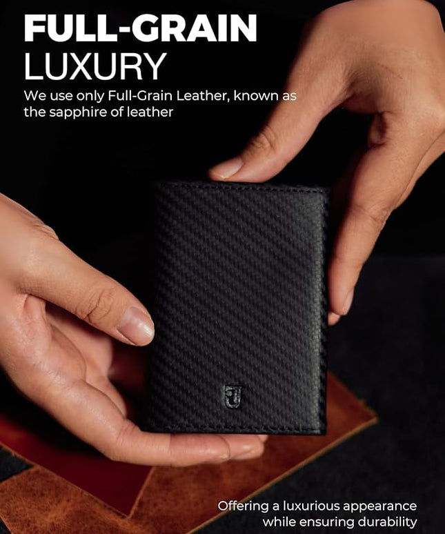 Jenoss Smart Wallet For Men: Full Grain Leather, Handcrafted, Slide Metal Pop Up Case, Slim RFID Blocking Credit Card Holder, Minimalist, Compact - 9-12 Card Organizers | ID | Money Clip (Carbon)
