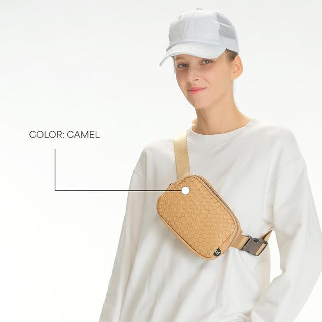C.C Woven Vegan Leather Fanny Pack – Waist Bag with Adjustable Strap, Crossbody Belt Bag (Vegan Leather Woven - Camel)