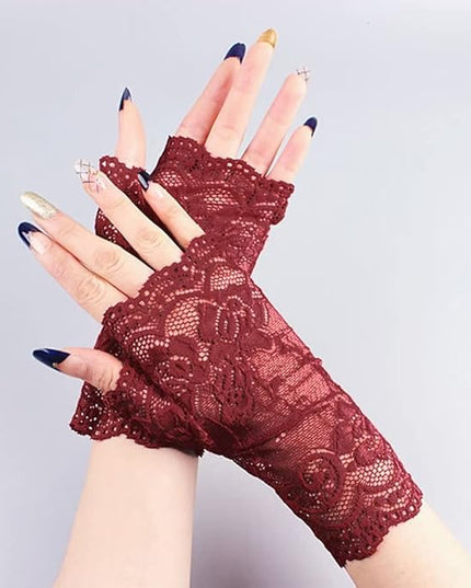 Women's Short Lace Gloves Fingerless for Driving Wedding Wrist Length Bridal Prom Gloves