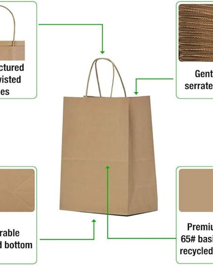 Qutuus Paper Bag with Handles, 400 Pcs 10x5x13 Inch Brown, Recycled Paper Gift Bags, Shopping Bags, Bulk, Eco-Friendly