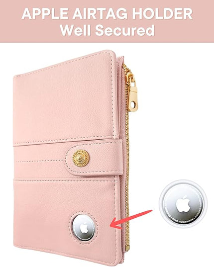 elzama Passport Holder with Airtag Slot for Travel Women, RFID Passport Wallet with Airtag Holder, Zipper Pocket Card Slots Pen Holder & Airtags Keychain (Air tag Not Included) Pink