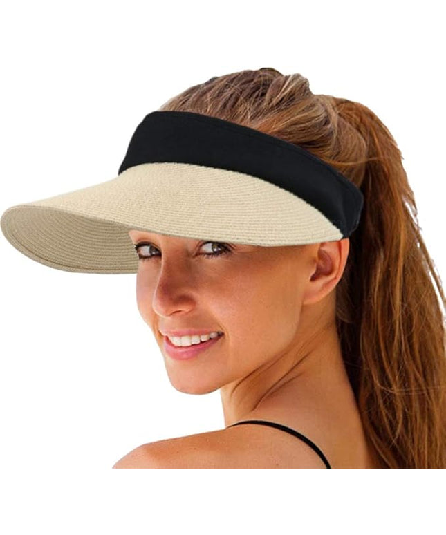 Women Straw Sun Visor Hat Wide Brim Summer UV Protection Beach Cap Foldable Packale Korean Style
