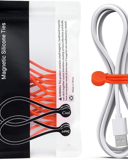 SMART&COOL Reusable Silicone Magnetic Cable Ties for Bundling and Organizing, Holding Stuff, Book Markers, Fridge Magnets, Assorted Color, 7.16'' (10-Pack,Orange)