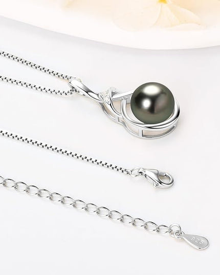 Tahitian Black Pearl Necklaces for Women, Sterling Silver Single Pearl Pendant Necklace Birthday Anniversary Jewelry Gifts for Wife Mom