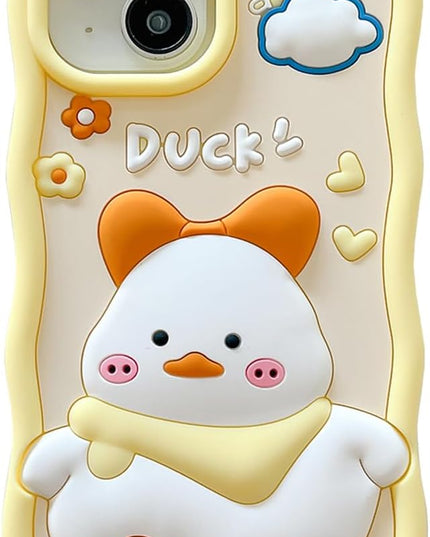 Case Compatible with iPhone 14 Pro,Cute 3D Kawaii Funny Scarf Duck Cartoon Cover with Keychain Soft Silicone Gel Drop Protector Women Girls