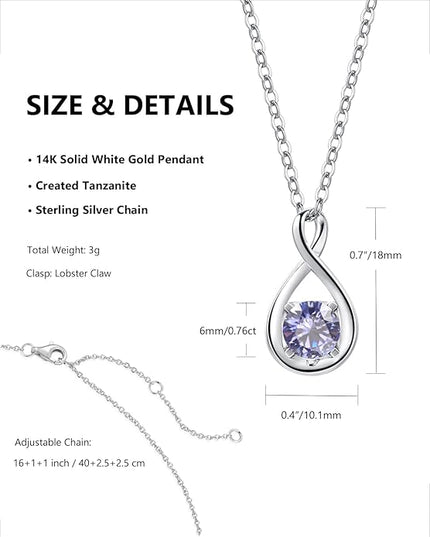 FANCIME 14K Solid Gold Birthstone Pendant with Sterling Silver Chain Infinity Gemstone Necklace Fine Jewelry Anniversary Birthday Christmas Gifts for Women Wife Her