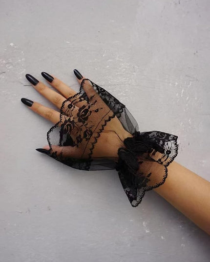 OYOANGLE Women's Floral Lace Bow Front Short Wrist Cuff Wedding Wrist Length Bridal Prom Gloves