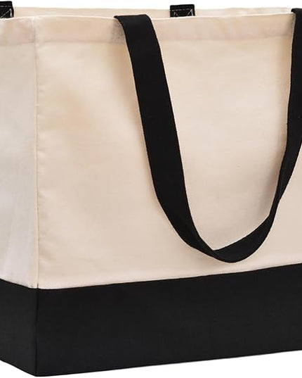 Heavy Duty Canvas Reusable Grocery Bags - 8.3 Gal Foldable Large Tote with Handles, Holds 60 lbs & Washable Eco-friendly Bags with 5 Pockets, Off White Black