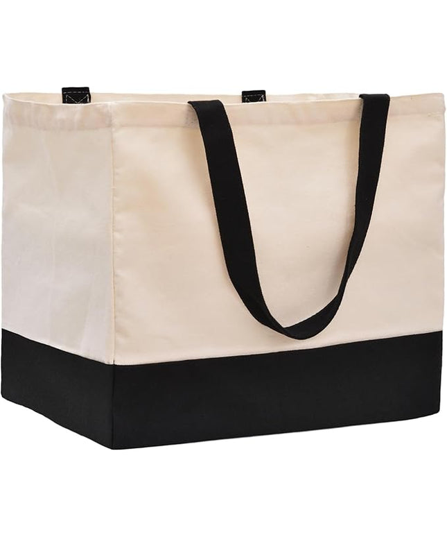 Heavy Duty Canvas Reusable Grocery Bags - 8.3 Gal Foldable Large Tote with Handles, Holds 60 lbs & Washable Eco-friendly Bags with 5 Pockets, Off White Black