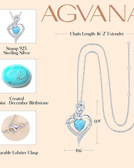 AGVANA Christmas Gifts Rosy Reverie Birthstone Necklace for Women Sterling Silver Genuine or Created Gemstone Rose Flower Heart Pendant Necklace Anniversary Birthday Gifts for Women Mom Wife Her
