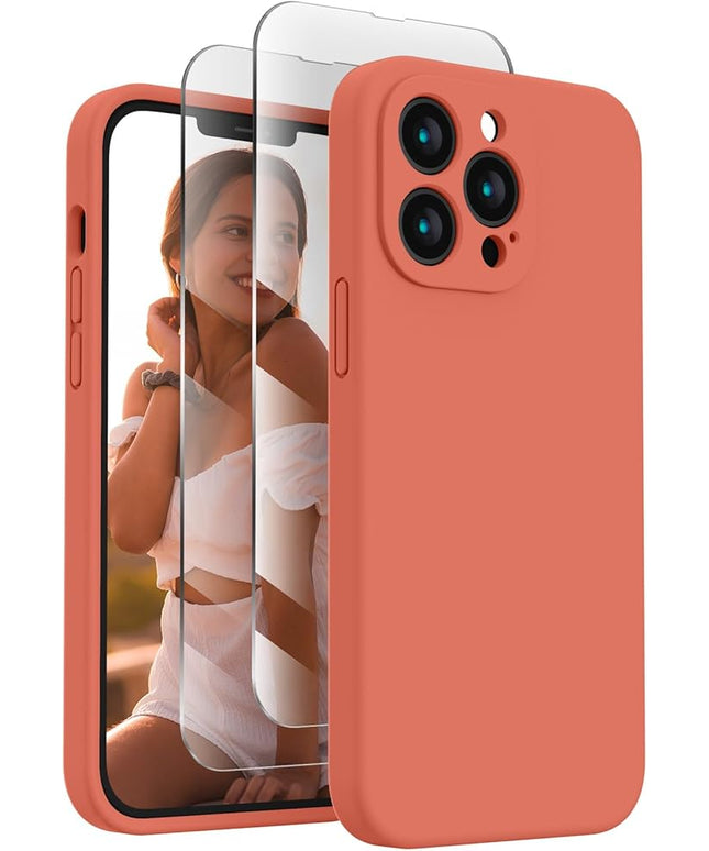 FireNova Designed for iPhone 13 Pro Max Case, Silicone [Camera Protection] Phone Case with [2 Screen Protectors], Soft Anti-Scratch Microfiber Lining Inside, 6.7 inch, Pink Pomelo