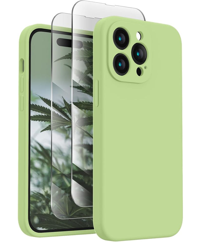 FireNova Designed for iPhone 14 Pro Case, Silicone Upgraded [Camera Protection] Phone Case with [2 Screen Protectors], Soft Anti-Scratch Microfiber Lining Inside, 6.1 inch, Tea Green