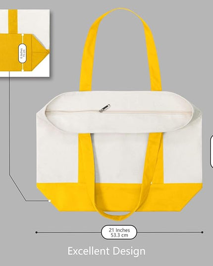 TOPDesign 3-Pack Canvas Tote Bags with an External Pocket, Reusable Grocery Shopping Bags, Top Zipper Closure, Daily Essentials (Yellow/Natural)