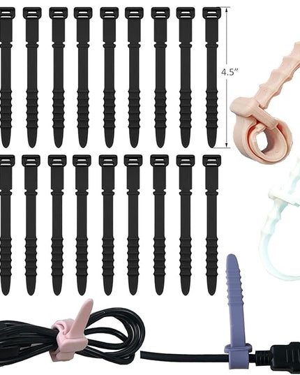 Silicone Zip Ties, Reusable Zip Ties, 20pcs Rubber Cable Ties Straps for Wire Management, Elastic Cable Organizer for Home Office Table Desk. Black 4.5” Cord Ties (20 Pcs Black)