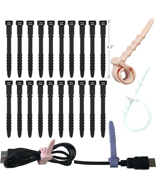 Silicone Zip Ties, Reusable Zip Ties, 20pcs Rubber Cable Ties Straps for Wire Management, Elastic Cable Organizer for Home Office Table Desk. Black 4.5” Cord Ties (20 Pcs Black)