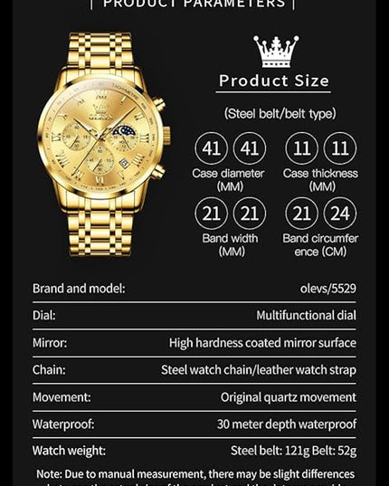 OLEVS Mens Watch Luxury Big Face Stainless Steel Analog Quartz Multifunctional Waterproof Luminous Date Two Tone Fashion Dress Wrist Watches for Man